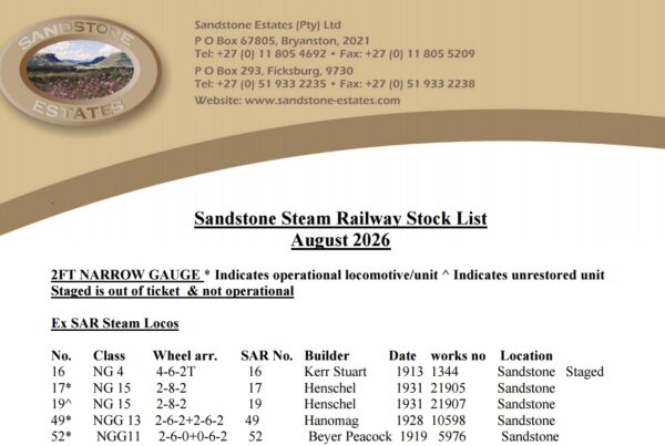 Sandstone Steam Railway Stock List August 2026